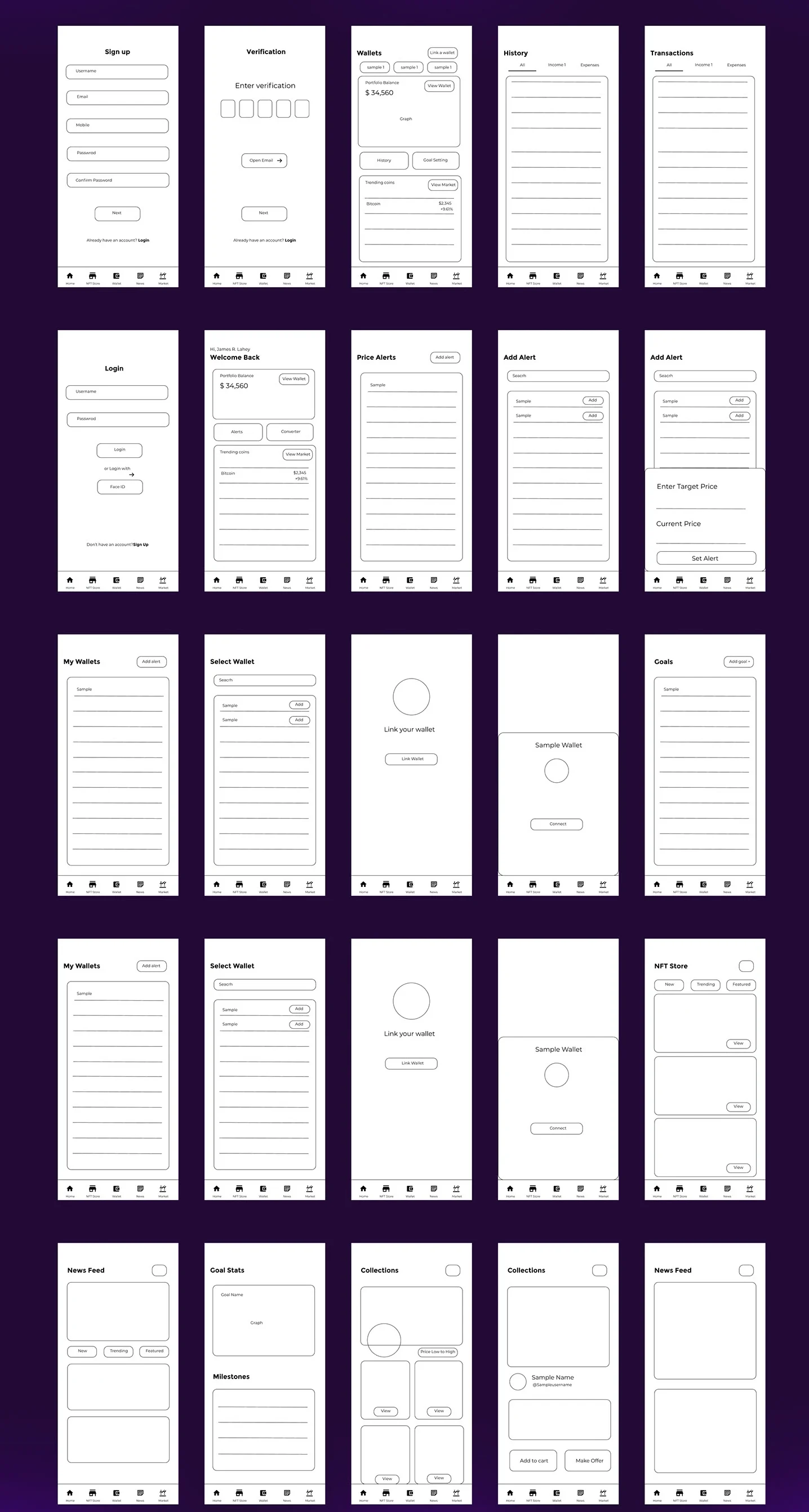 Low-fidelity wireframes of the mobile screens