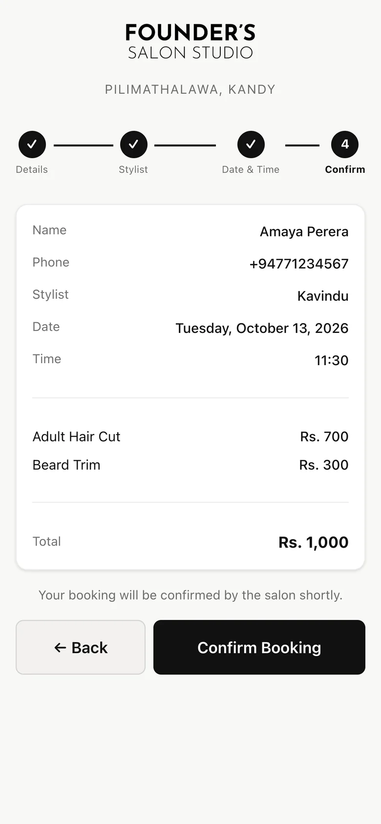 Booking step 4: a summary of the booking with the total