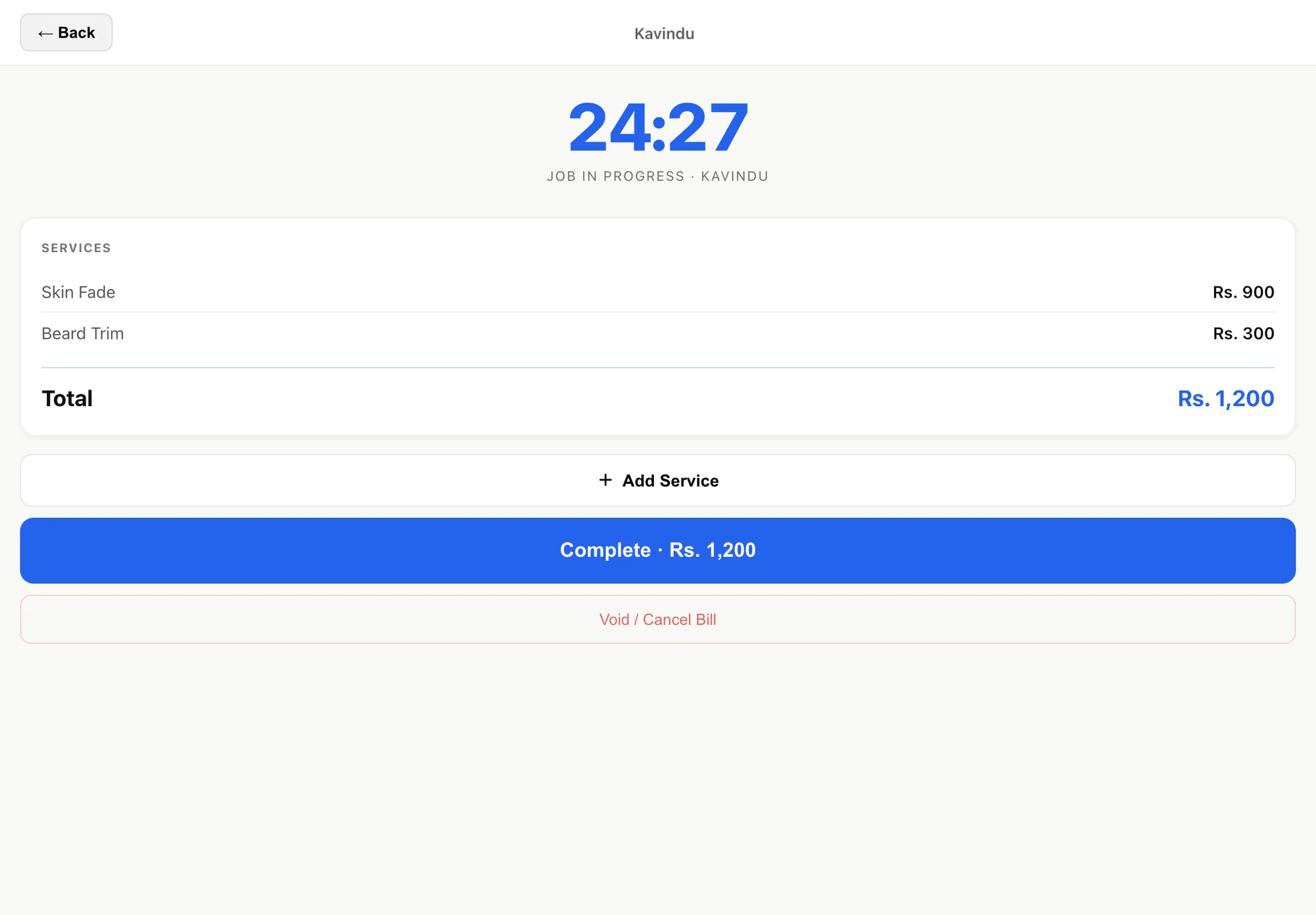 The active job screen: a timer, two services, the total, and Add Service, Complete and Void buttons