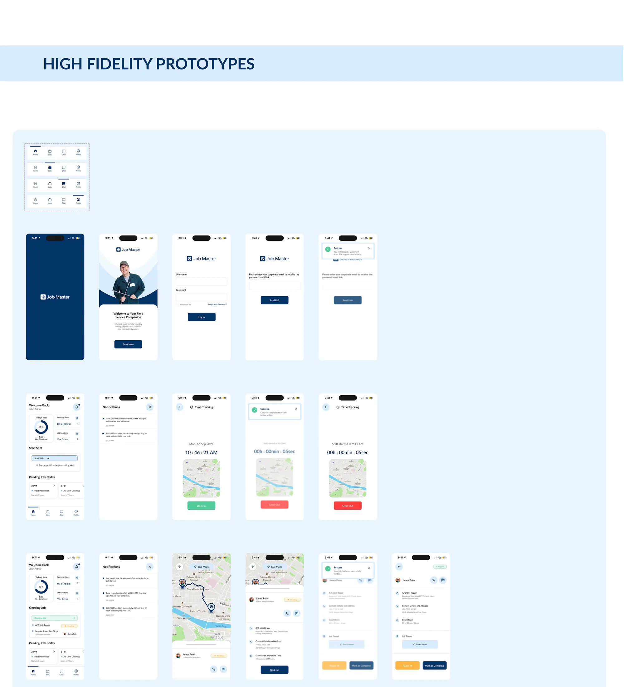 Job Master high-fidelity screens (part 1 of 3)