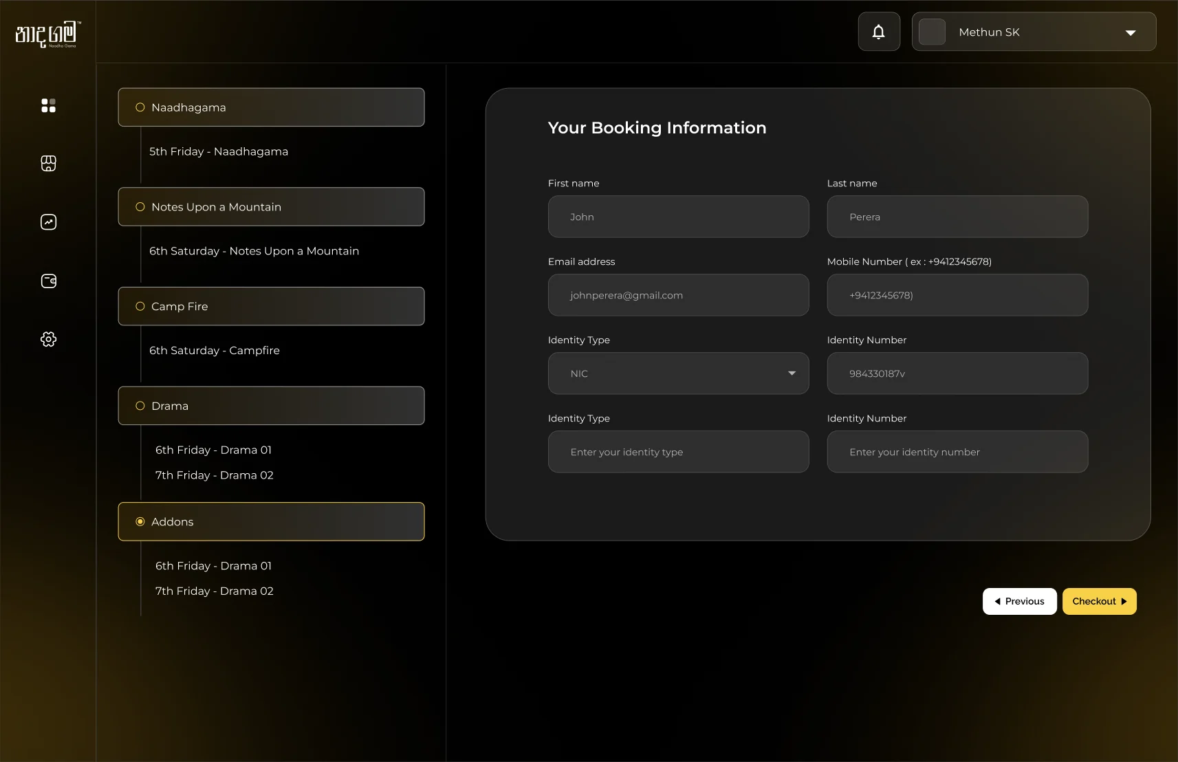 Your Booking Information: name, email, mobile and identity fields with a Checkout button
