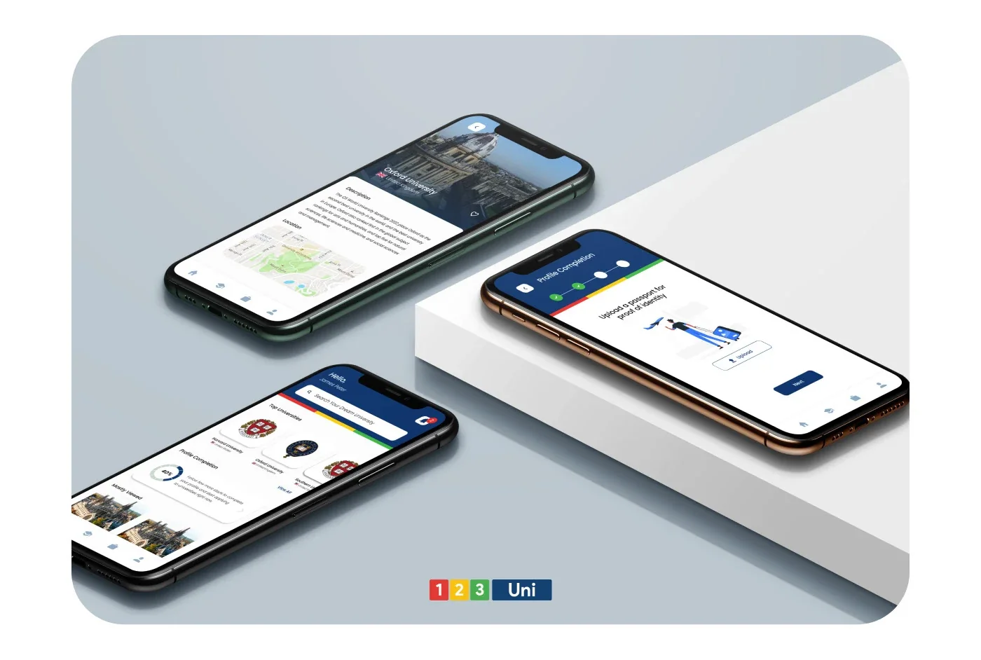 Three phones showing a university page, the passport upload step and the home screen