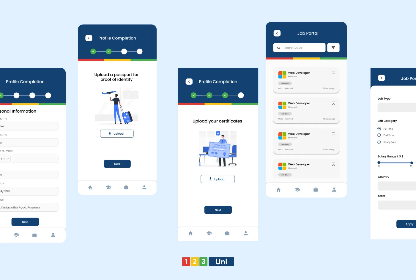 Screens: profile completion steps for identity and certificates, and the job portal with filters