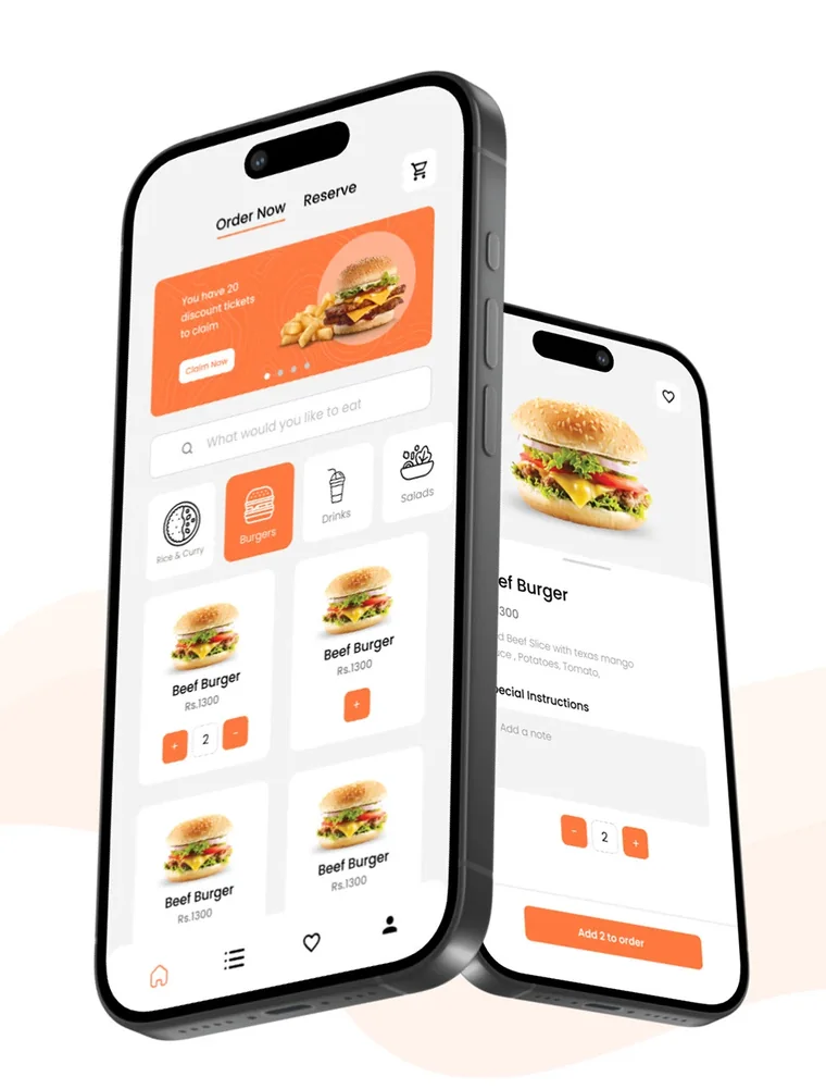 Two phones showing the Cafetura menu and a product page