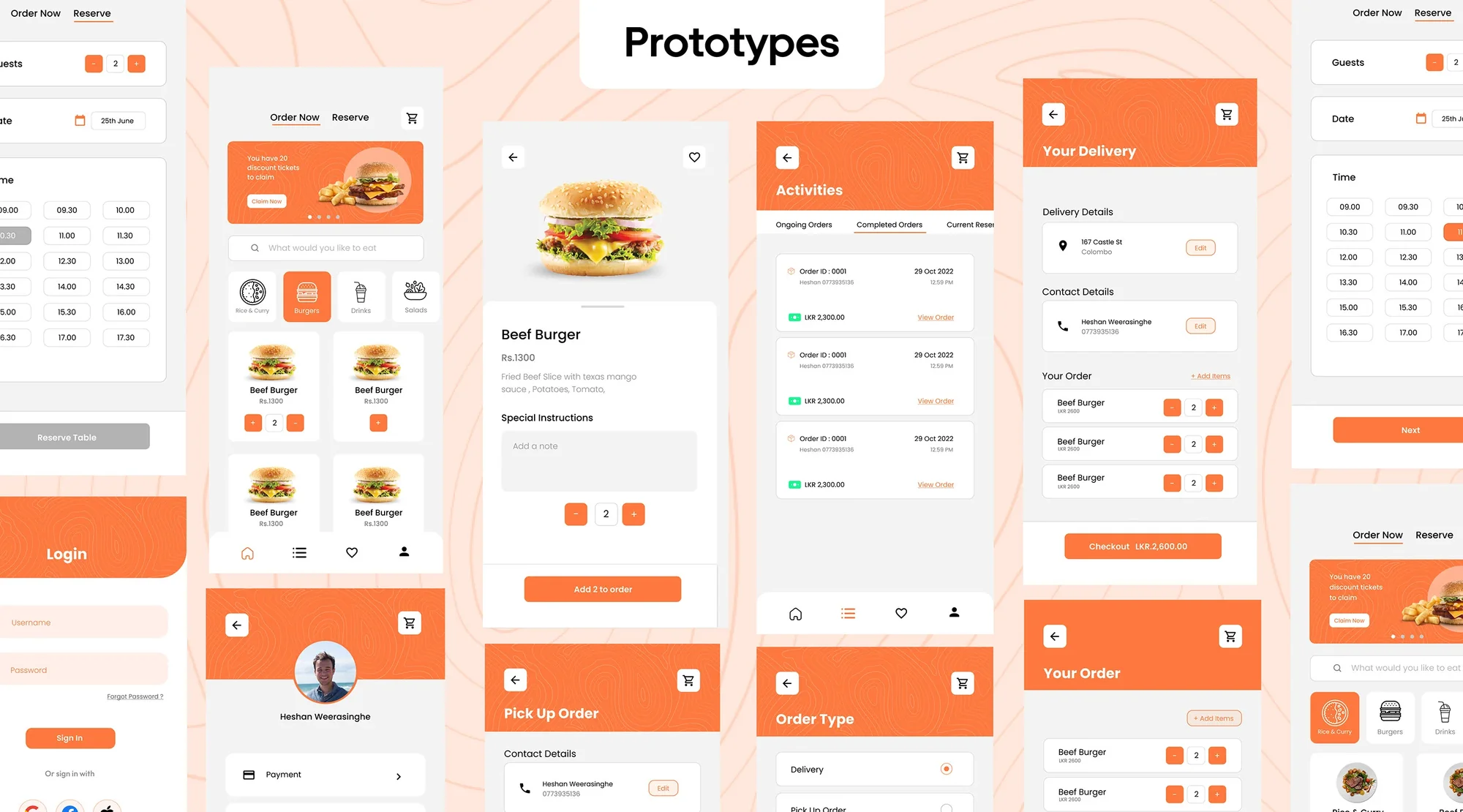 Prototype screens: reservation times, login, menu, product page, activities, delivery details, order type and order summary