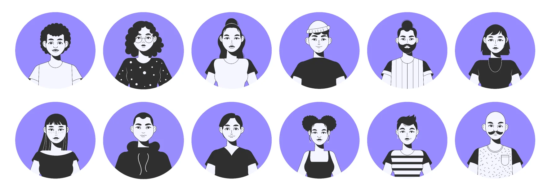 Twelve illustrated characters in black and white on lavender circles, each with a calm, neutral expression