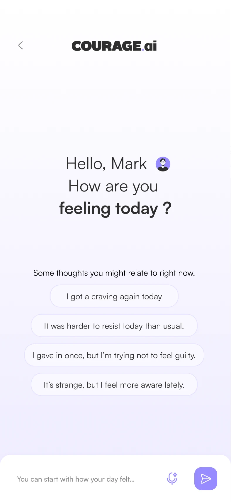 Courage.ai chat screen: Hello Mark, how are you feeling today, with four suggested thoughts and a message field