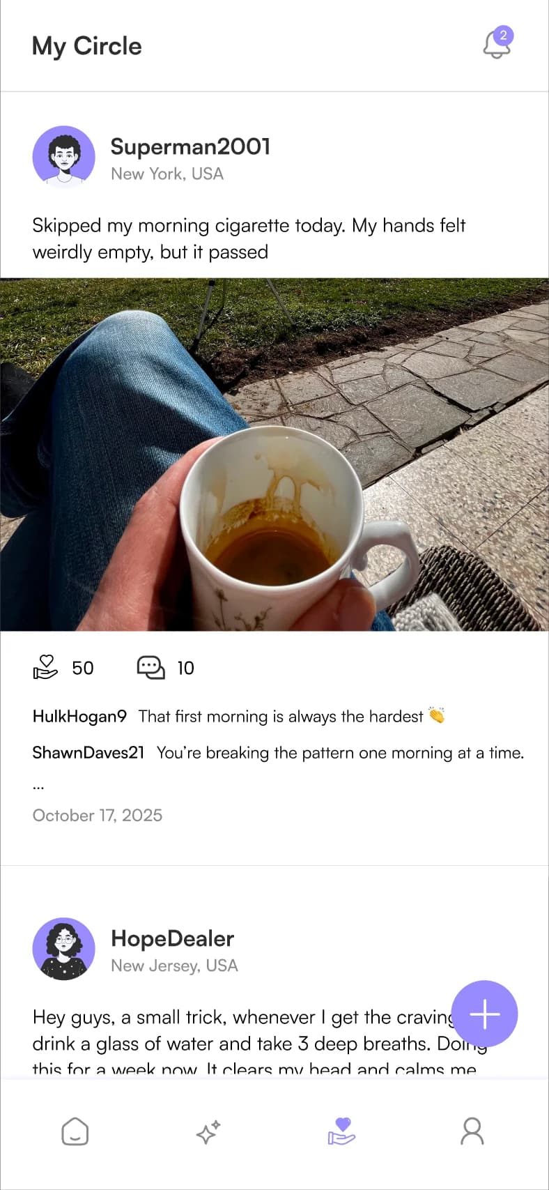 My Circle feed: a post about skipping a morning cigarette, with a photo of a coffee cup, Courage and comment counts and replies