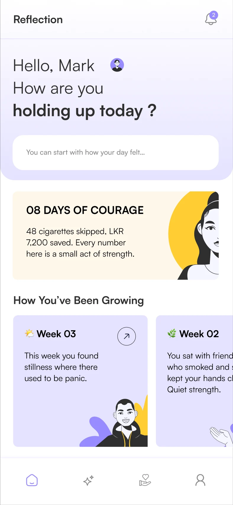 Reflection home screen: Hello Mark, how are you holding up today, an 08 Days of Courage card and weekly growth cards