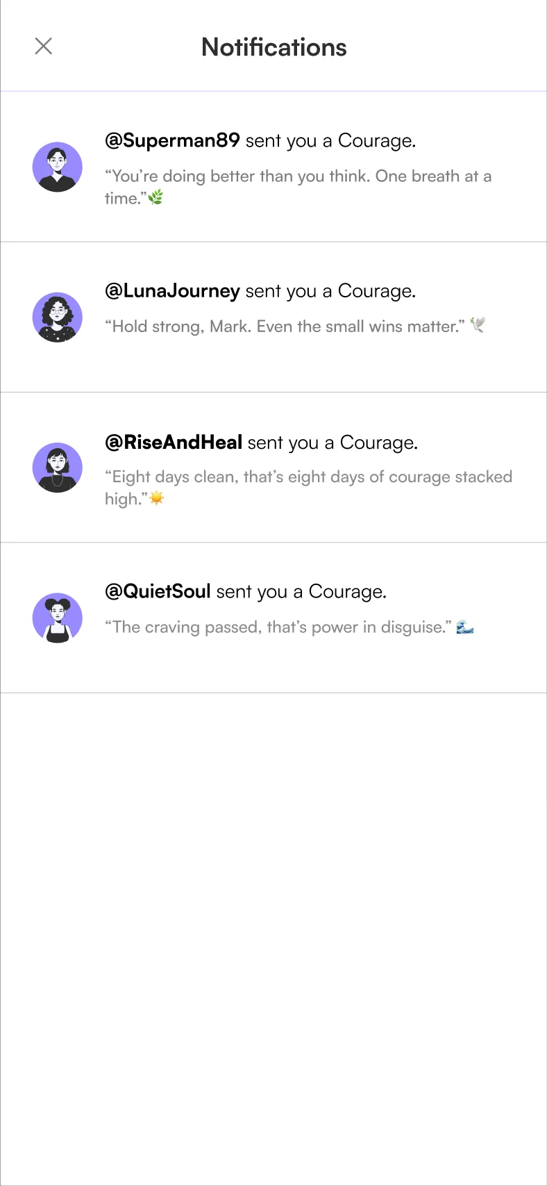 Notifications: four members of the circle have each sent a Courage with a short supportive note