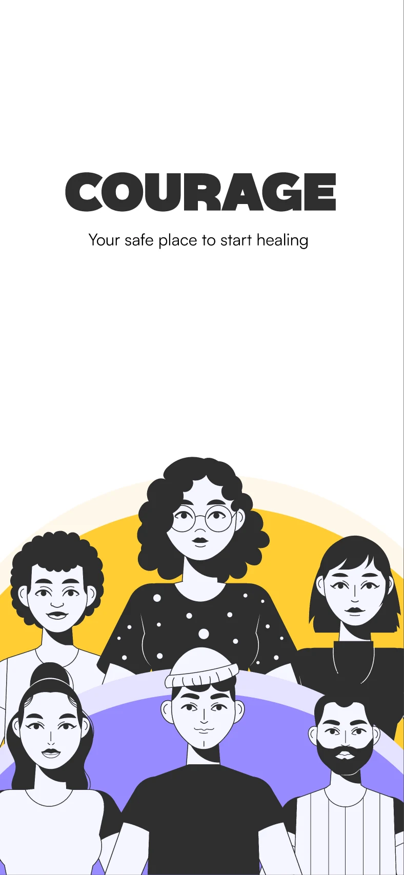 Splash screen: the Courage wordmark, the line Your safe place to start healing, and six illustrated characters