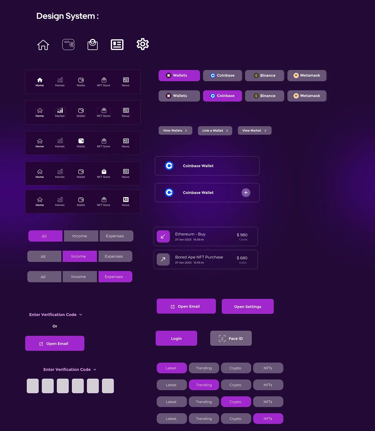 Design system components: icons, navigation bars, wallet chips, tabs, buttons and the verification code field