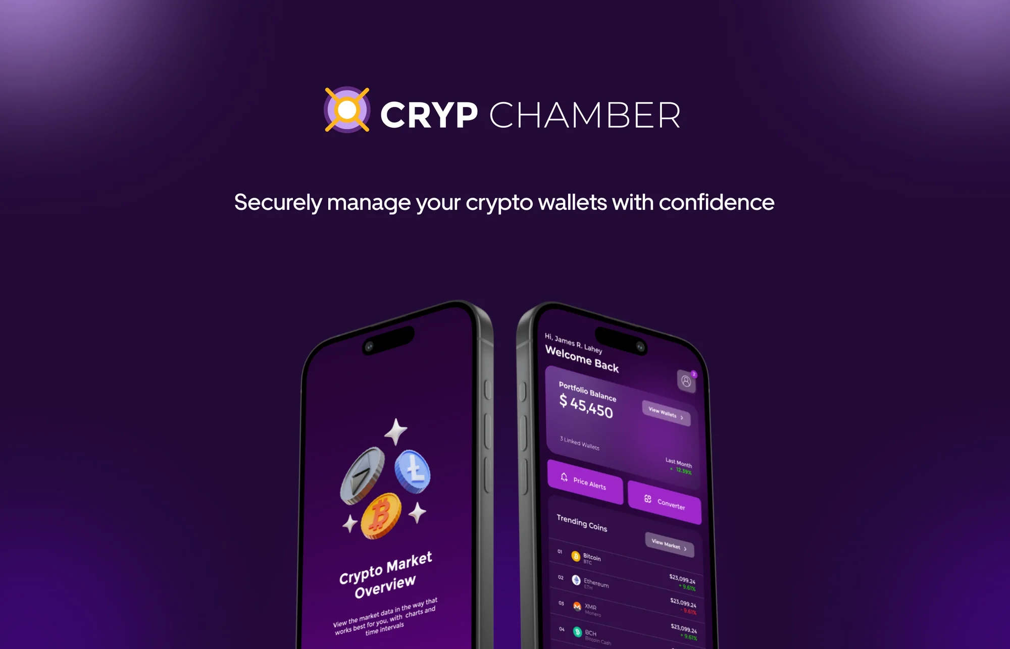 Cryp Chamber: securely manage your crypto wallets with confidence, shown on two phones