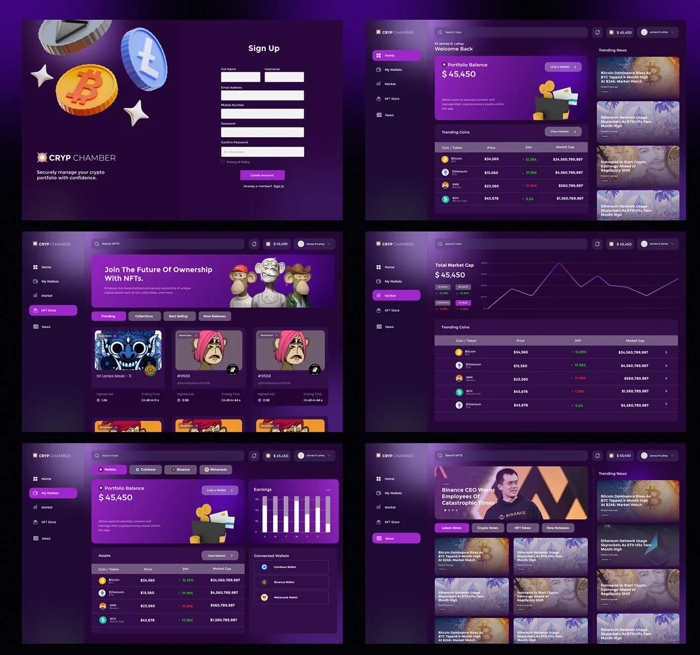 Desktop screens: sign-up, the dashboard, the NFT store, the market with total market cap, wallets with earnings, and news
