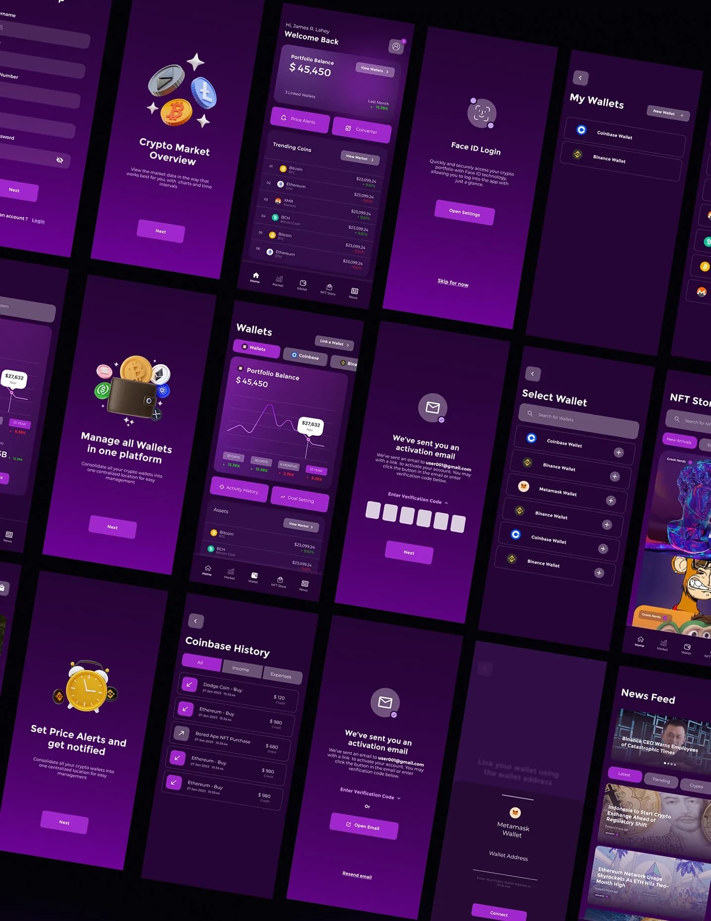 Mobile screens: onboarding, the home screen with a portfolio balance of $45,450, Face ID login, My Wallets, wallet history, the NFT store and the news feed
