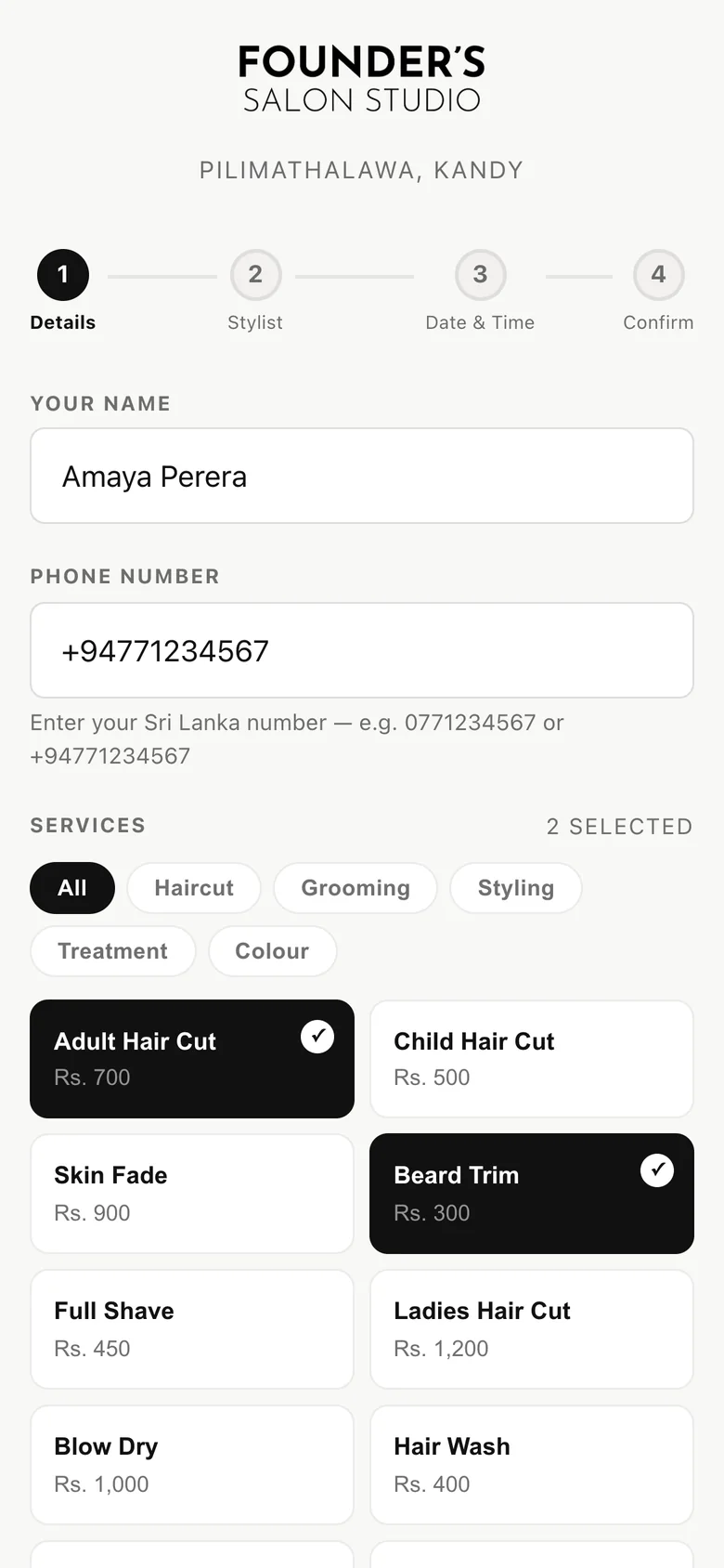 Booking step 1: name, phone number and services, with two services selected