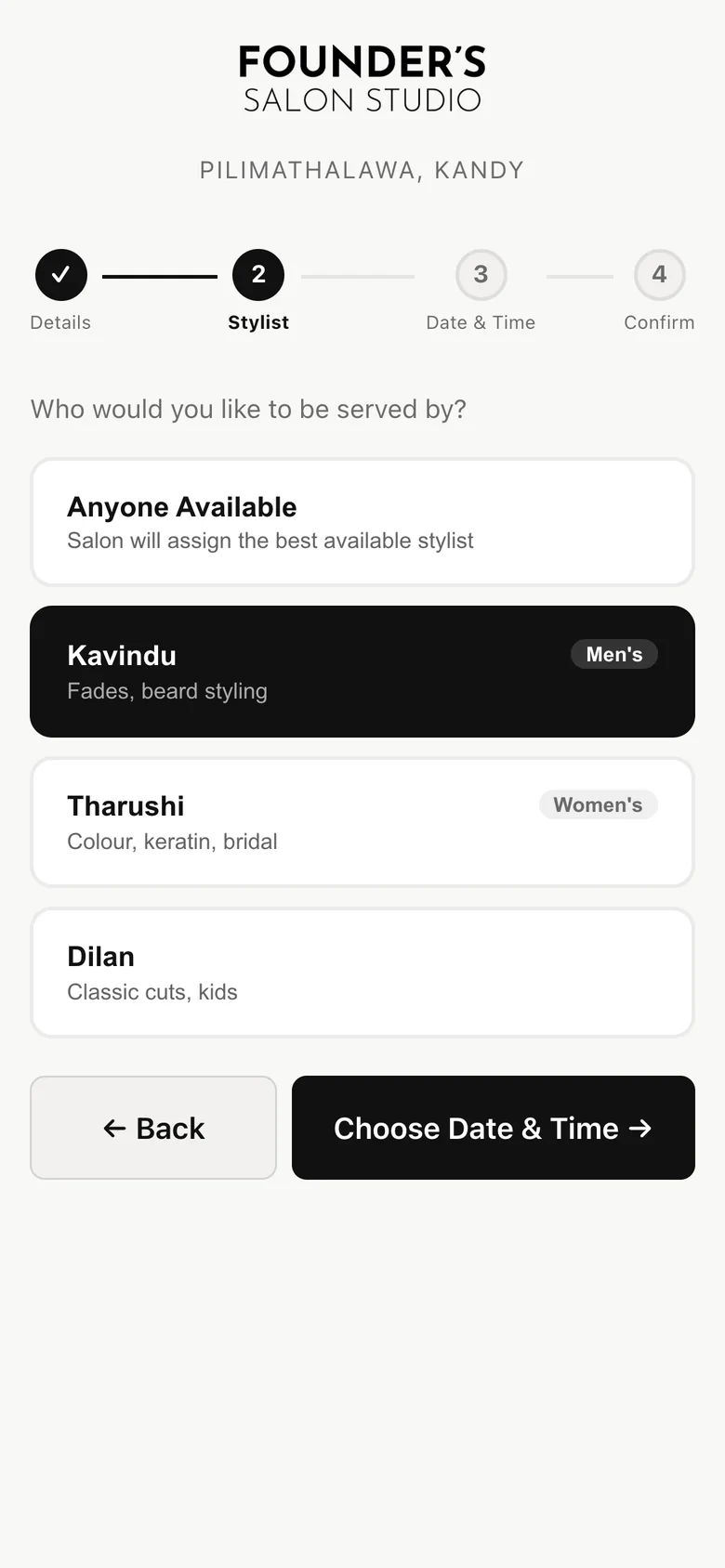 Booking step 2: choose a stylist or anyone available