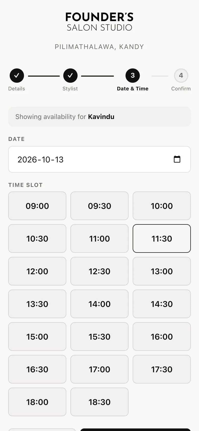 Booking step 3: a date and a grid of free time slots