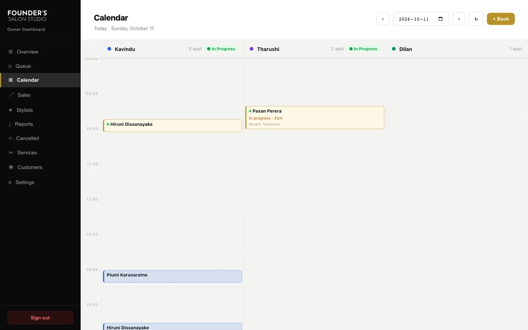 The owner calendar with one column per stylist and jobs in progress