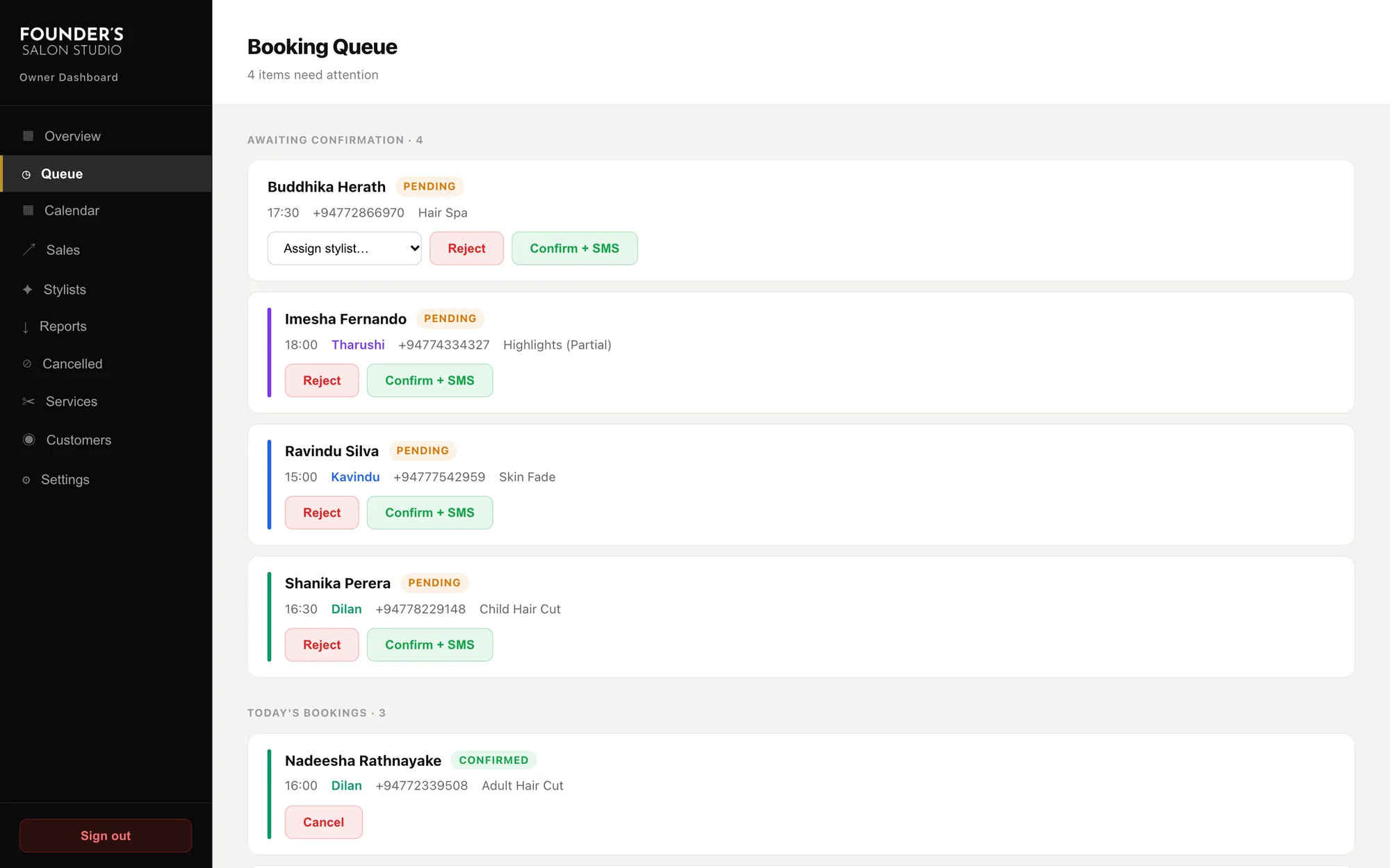 The owner's booking queue: pending bookings with Confirm and SMS and Reject buttons
