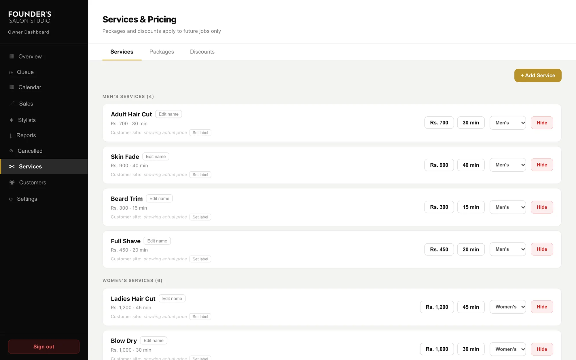 Services and pricing, grouped into men's and women's services