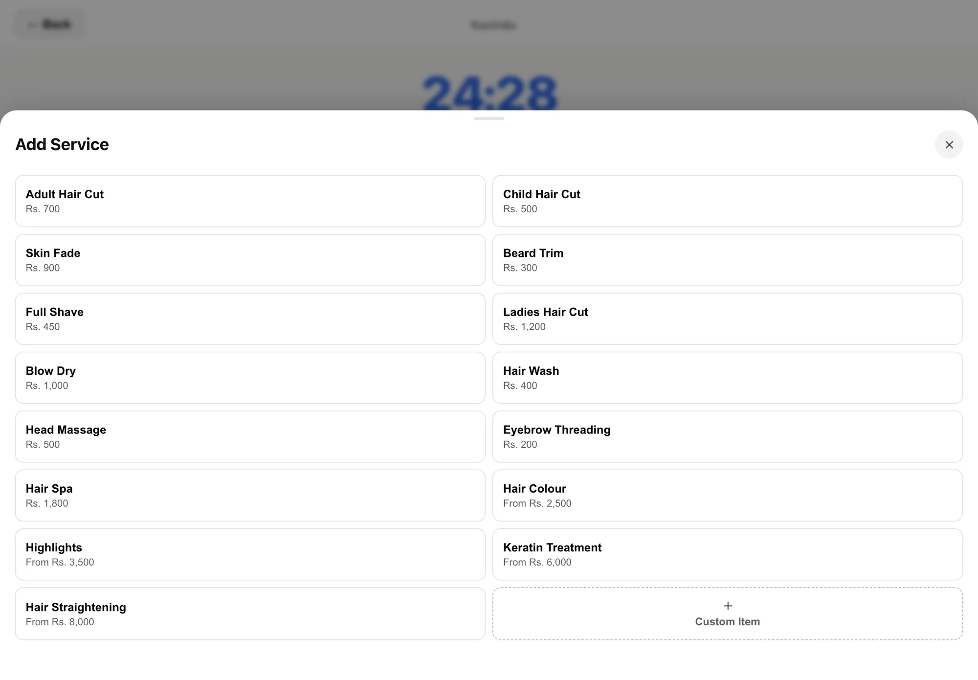 The Add Service sheet over an active job