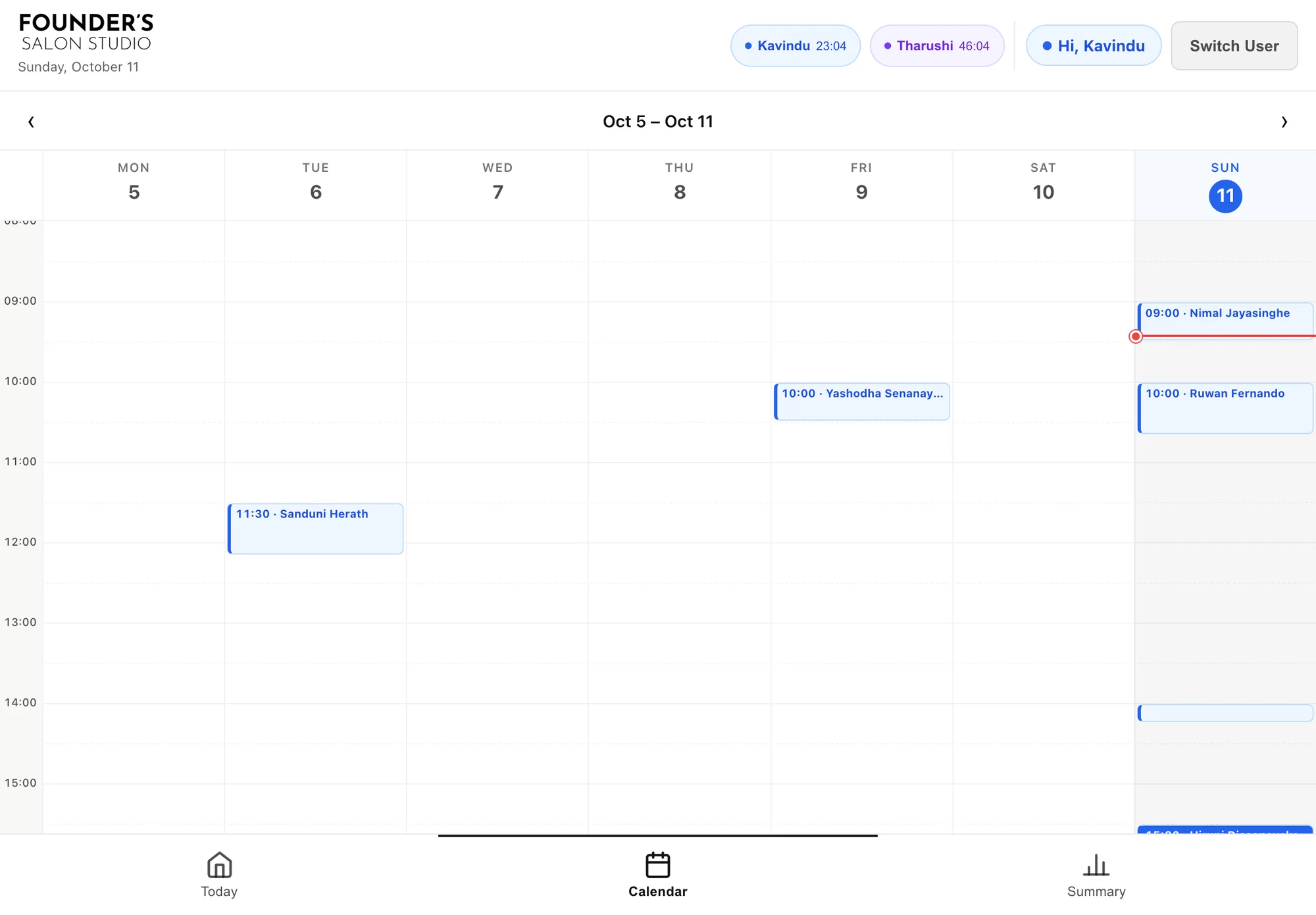 The studio app's weekly calendar