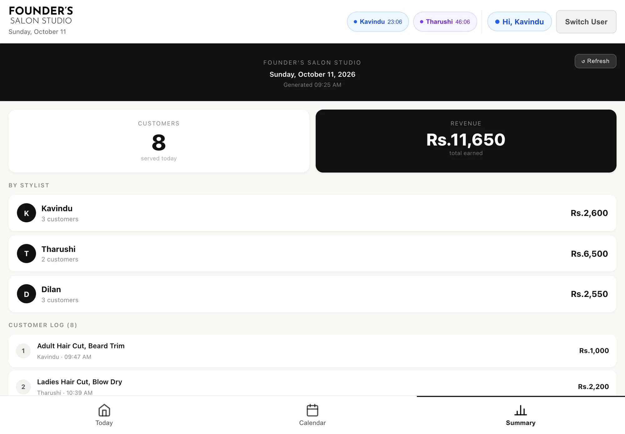 The end-of-day summary: customers served, revenue, by stylist and a customer log