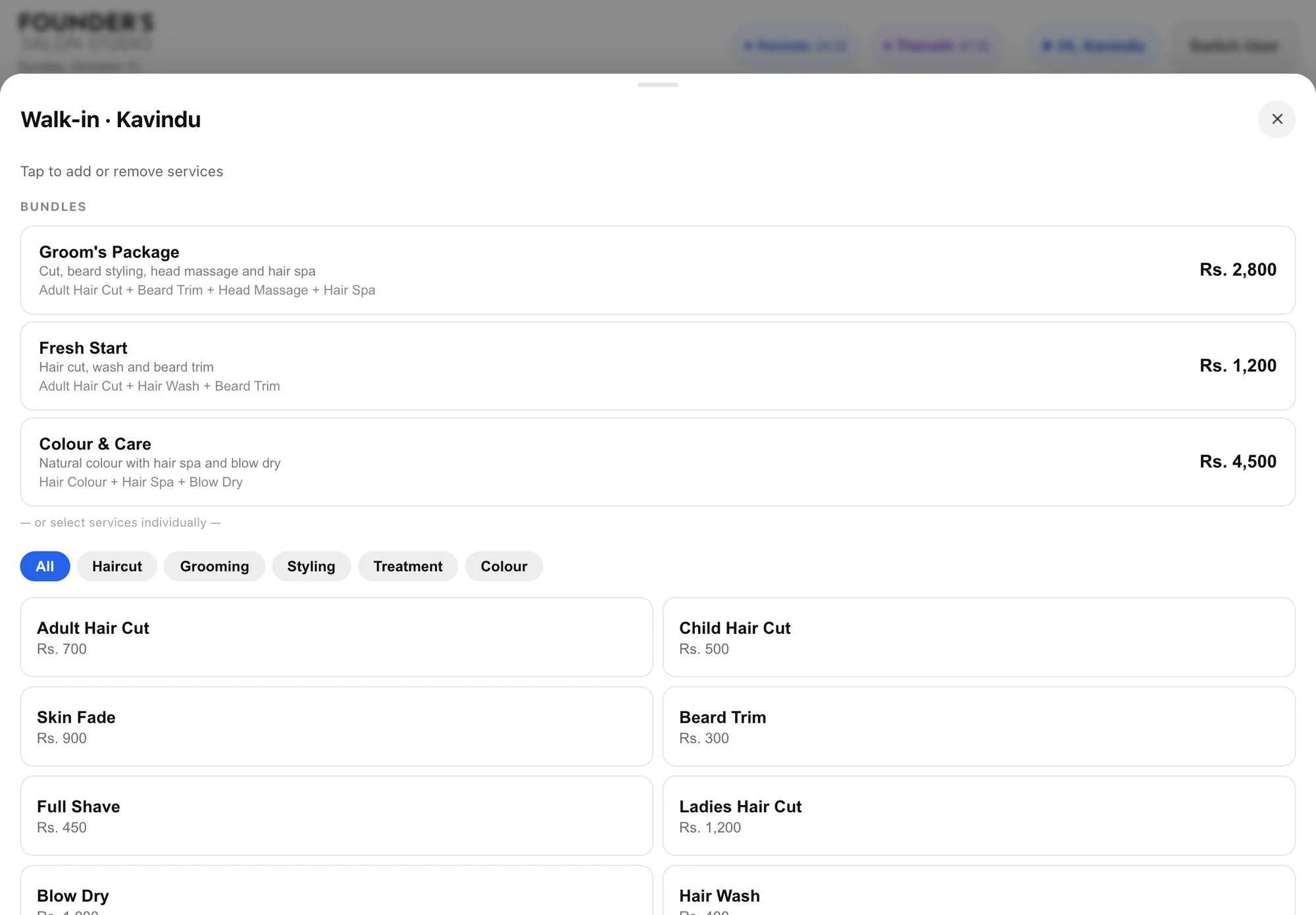 The walk-in sheet: bundles at the top, then services filtered by category
