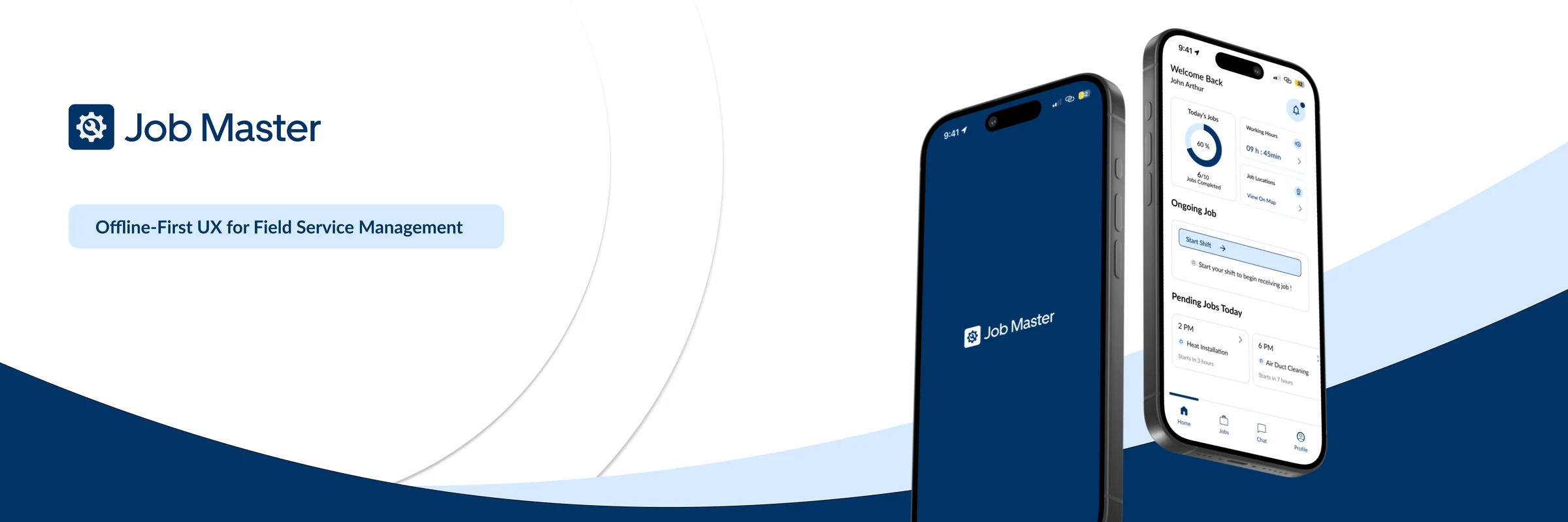 Job Master, offline-first UX for field service management: the splash screen and the technician's home screen on two phones