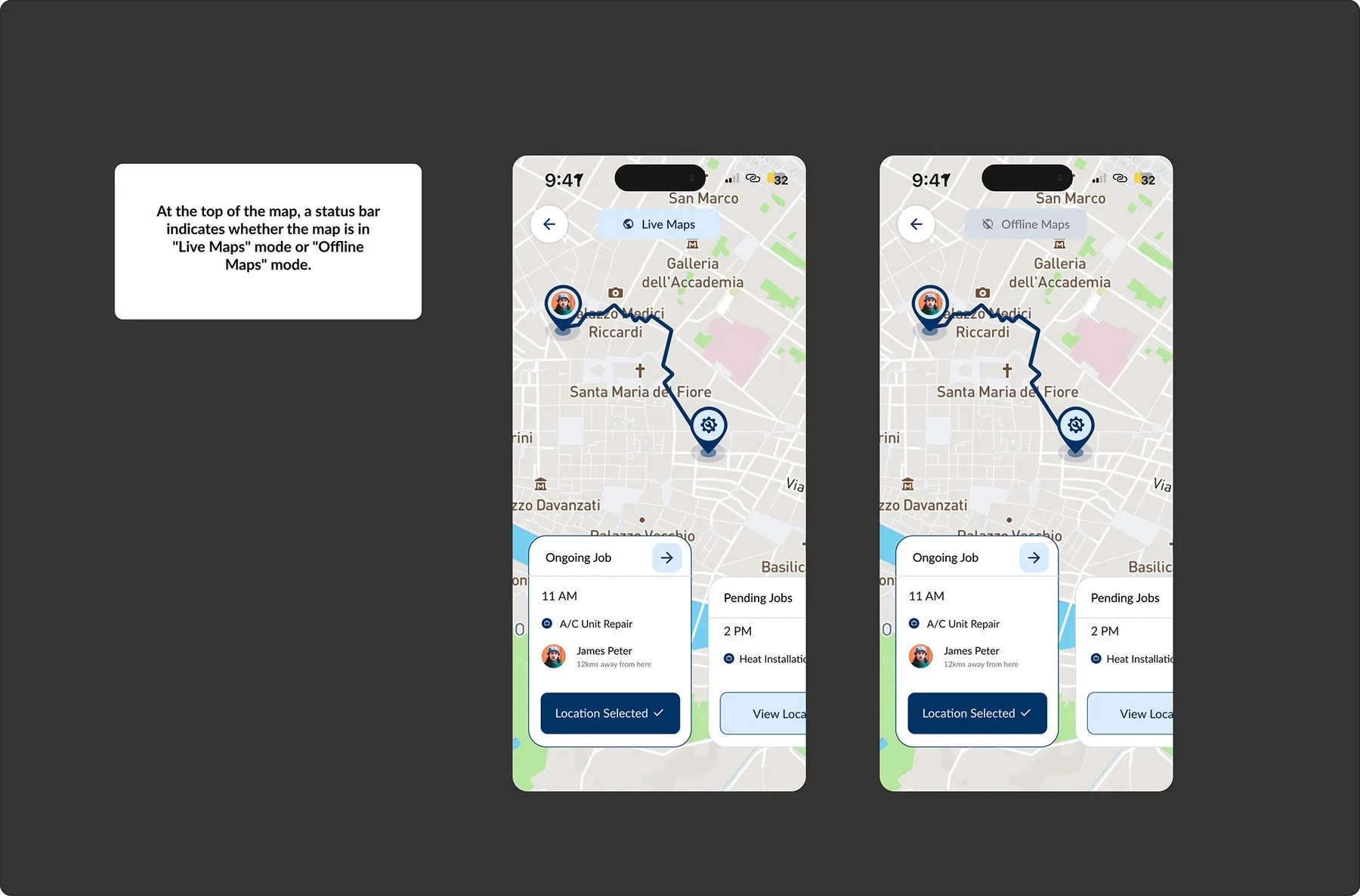 Annotated map screens: a status bar at the top of the map shows whether it is in Live Maps or Offline Maps mode