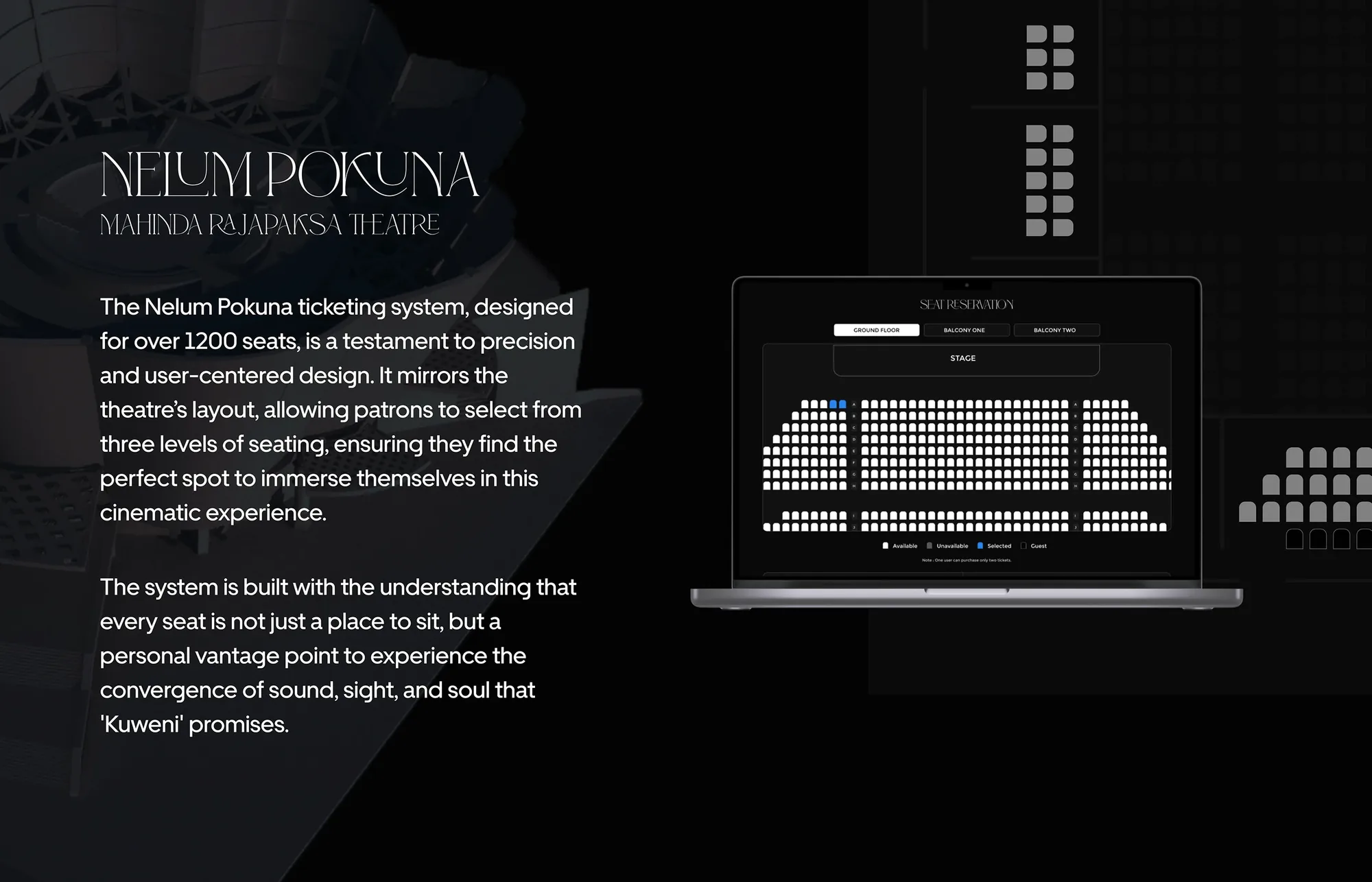 Nelum Pokuna seat reservation screen: three levels of seating for over 1,200 seats