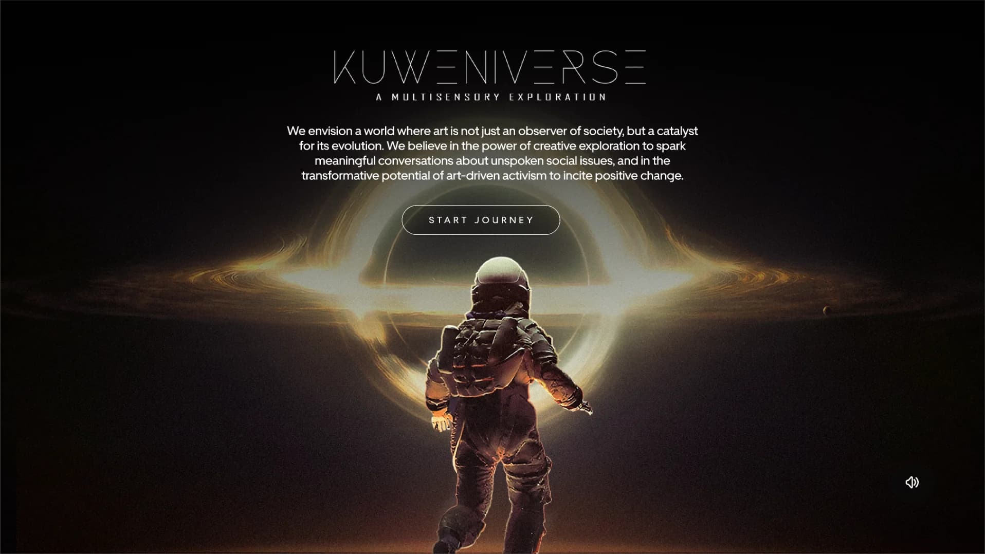 Kuweniverse, a multisensory exploration: an astronaut walking toward a ring of light, with a Start Journey button