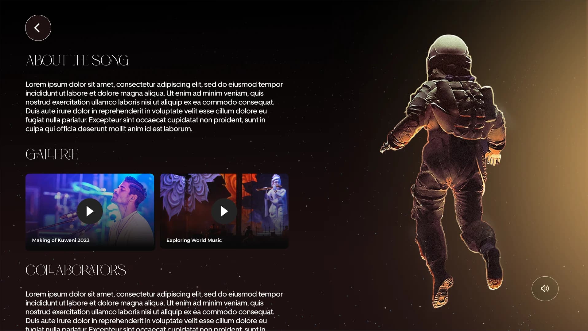 Inside a song: About the Song, a gallery of two films and Collaborators, beside a floating astronaut