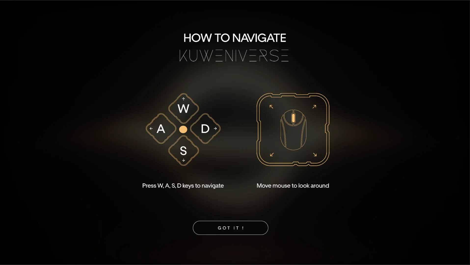 How to Navigate Kuweniverse: W, A, S, D keys to navigate and the mouse to look around, with a Got It button