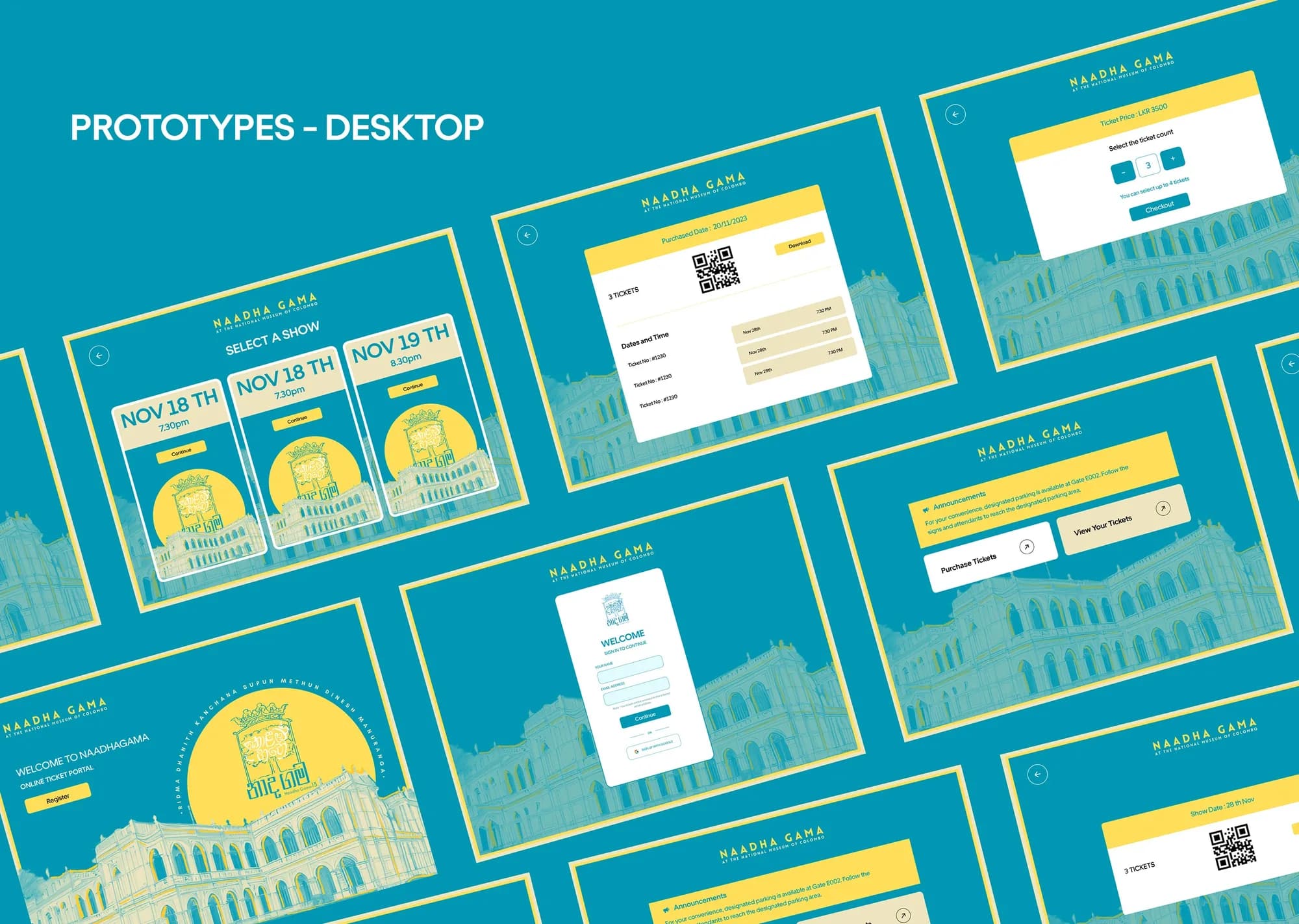 Desktop prototypes: show selection, ticket count, announcements, and the purchased ticket with QR code