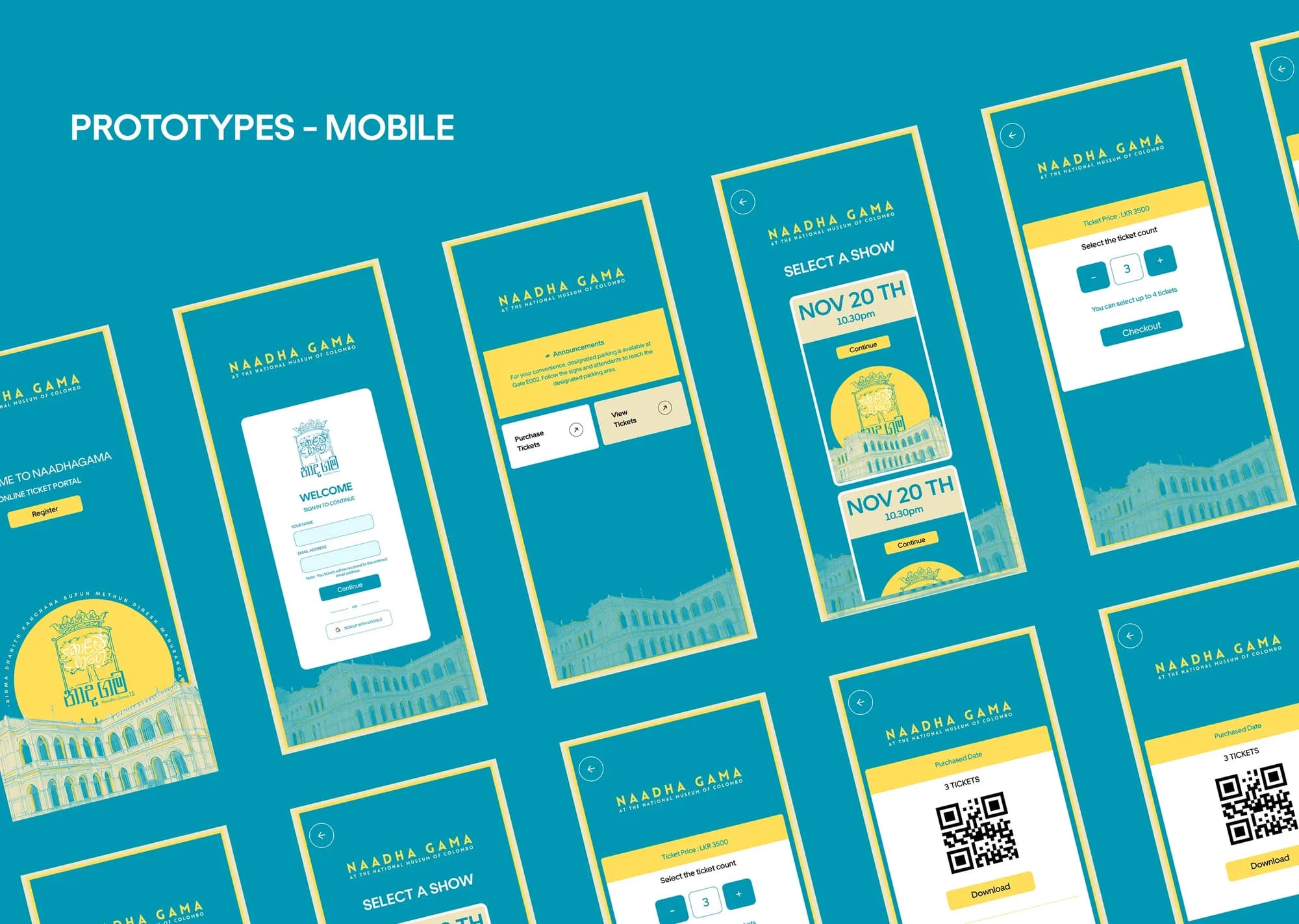 Mobile prototypes: welcome, sign-in, show selection, ticket count and QR ticket