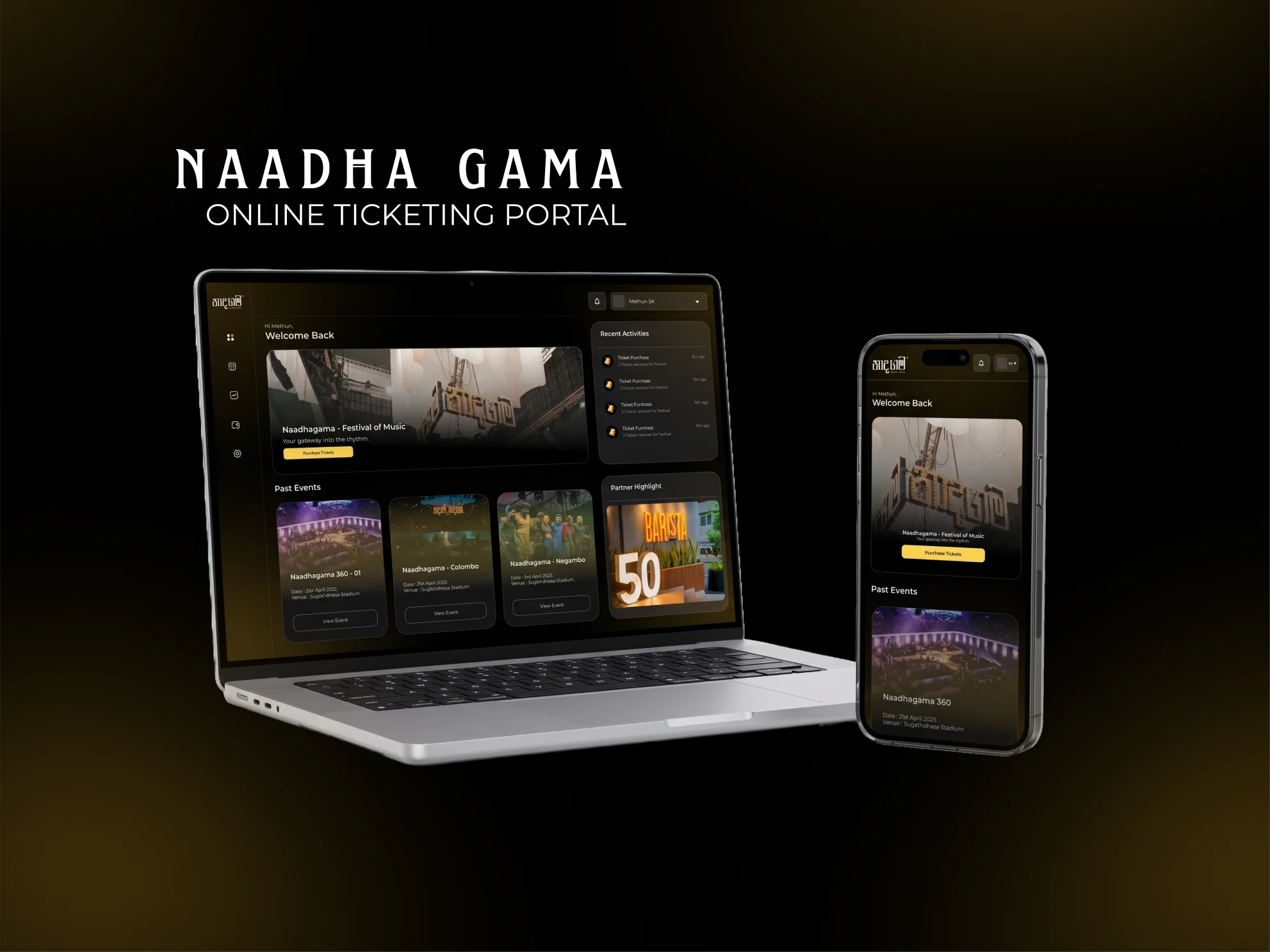 Naadha Gama online ticketing portal shown on a laptop and a phone