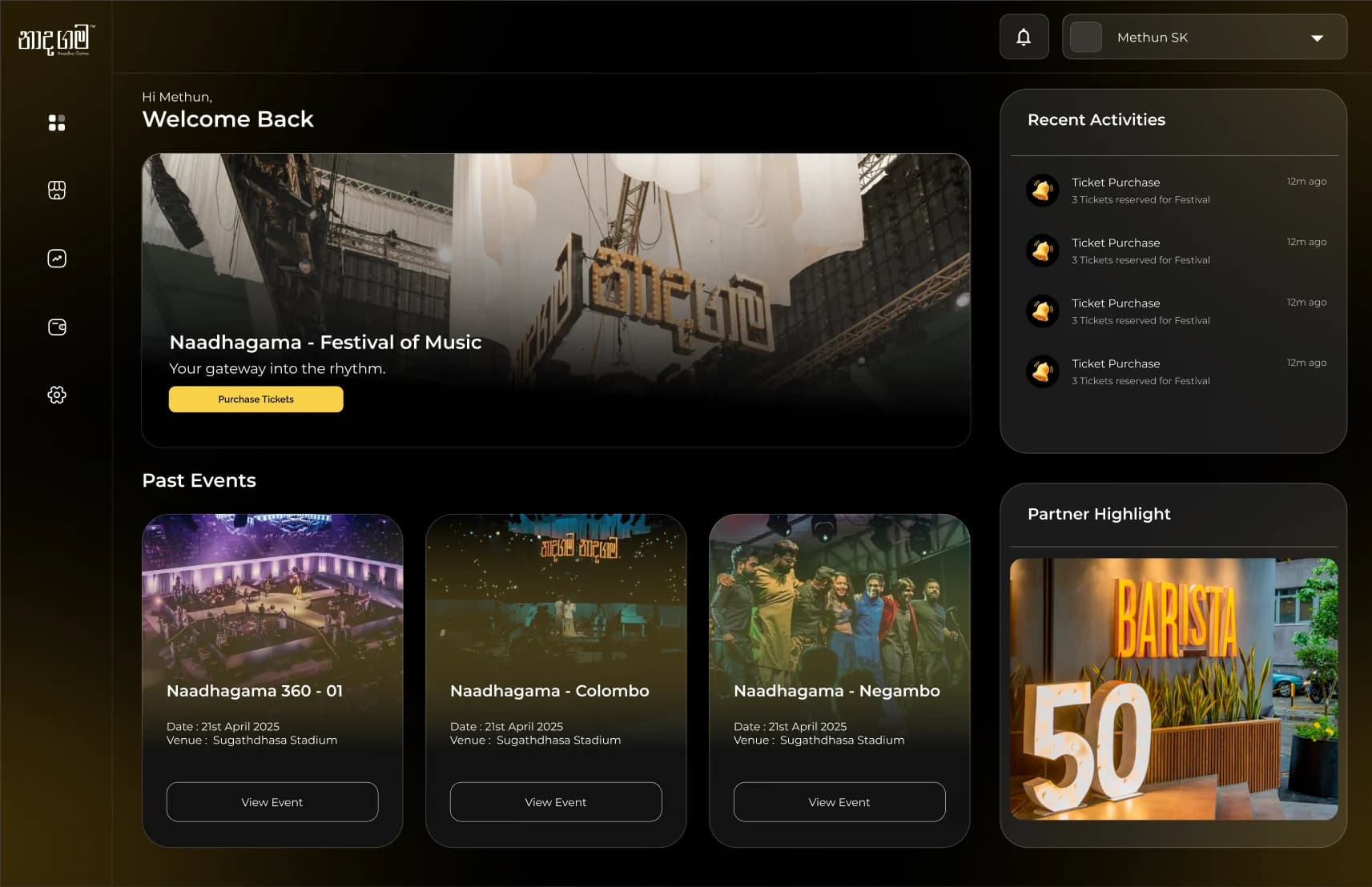 The dashboard: the festival banner with Purchase Tickets, past events, recent activity and a partner highlight
