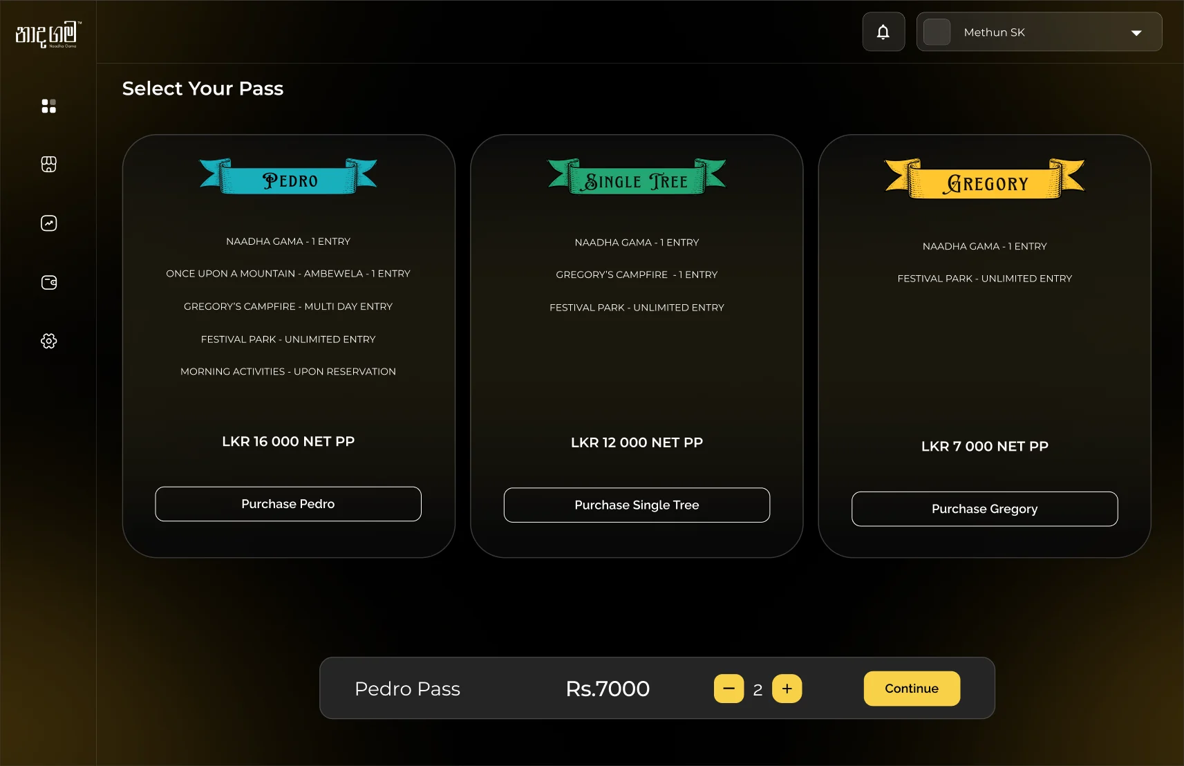 Select Your Pass: Pedro, Single Tree and Gregory, with a bar showing the Pedro Pass, quantity and Continue