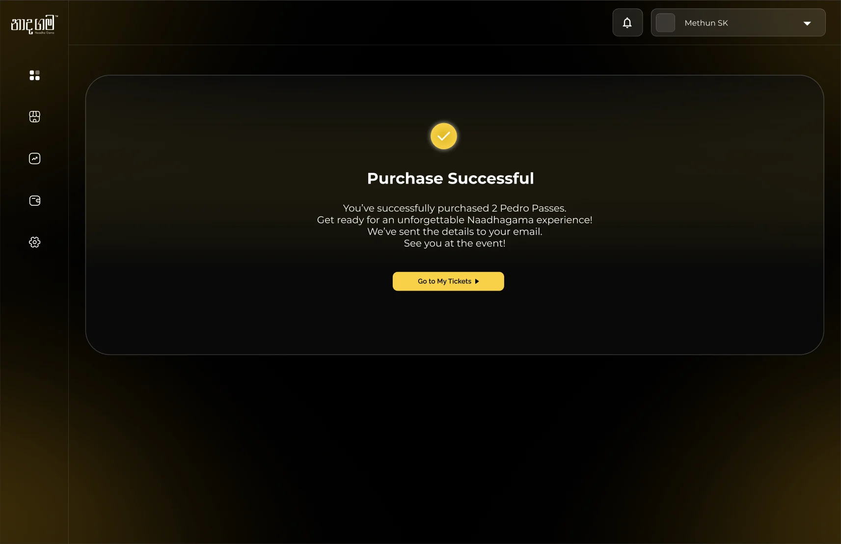 Purchase Successful: two Pedro Passes bought, with a Go to My Tickets button