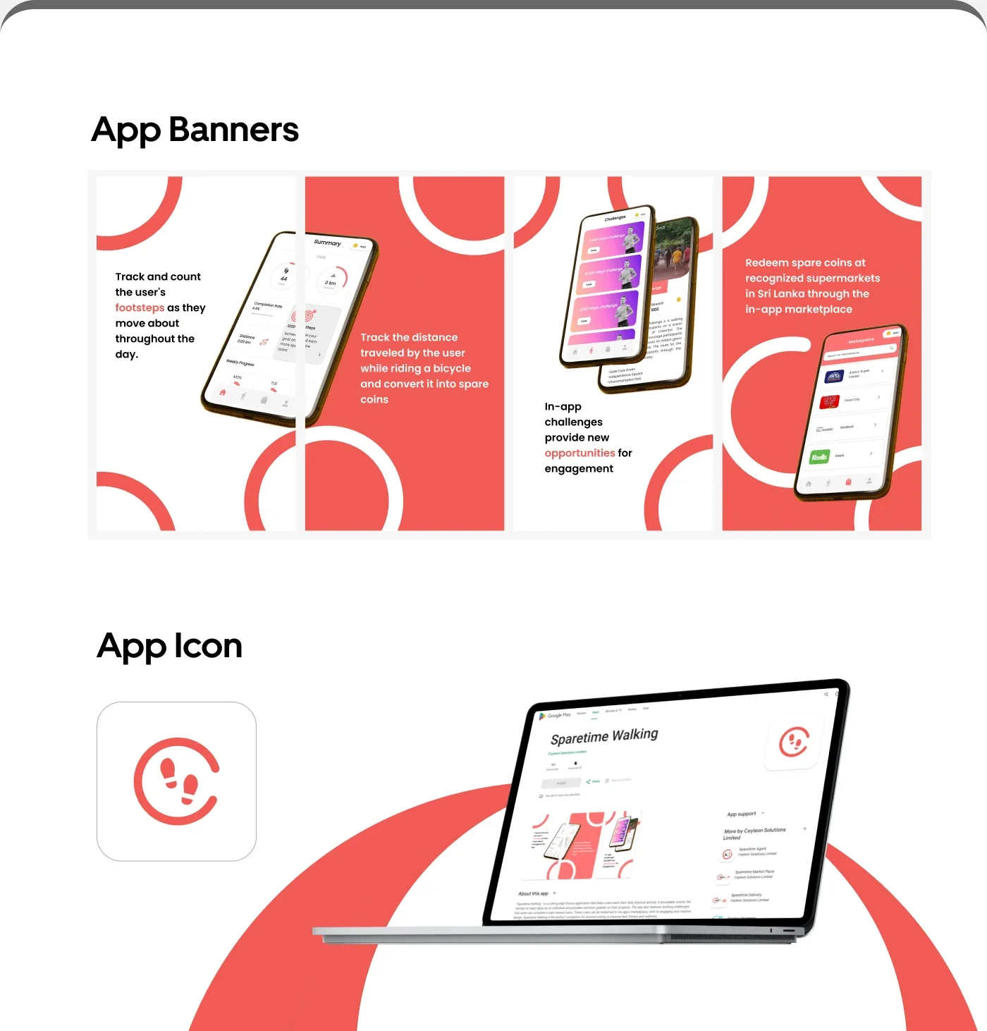 App store banners and the app icon, with the Google Play listing on a laptop