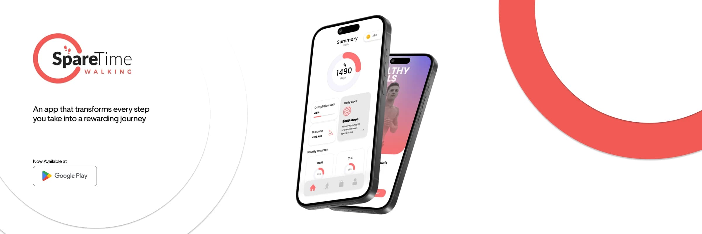 Sparetime Walking: an app that transforms every step you take into a rewarding journey, shown on two phones