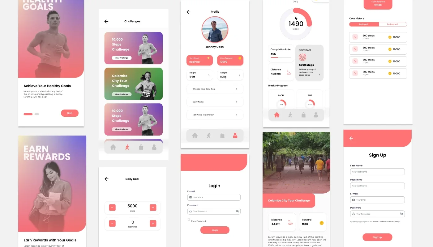 App screens: onboarding, challenges, profile, the daily summary with 1,490 steps, coin history, login and sign-up